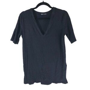 Zara Womens T Shirt Top Ribbed V Neck Short Sleeve Black M